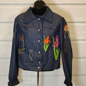 ECCLECTIC EMBROIDERED DENIM SHIRT JACKET WOMENS S/M GRAIL UNIQUE BOHO HIPPIE